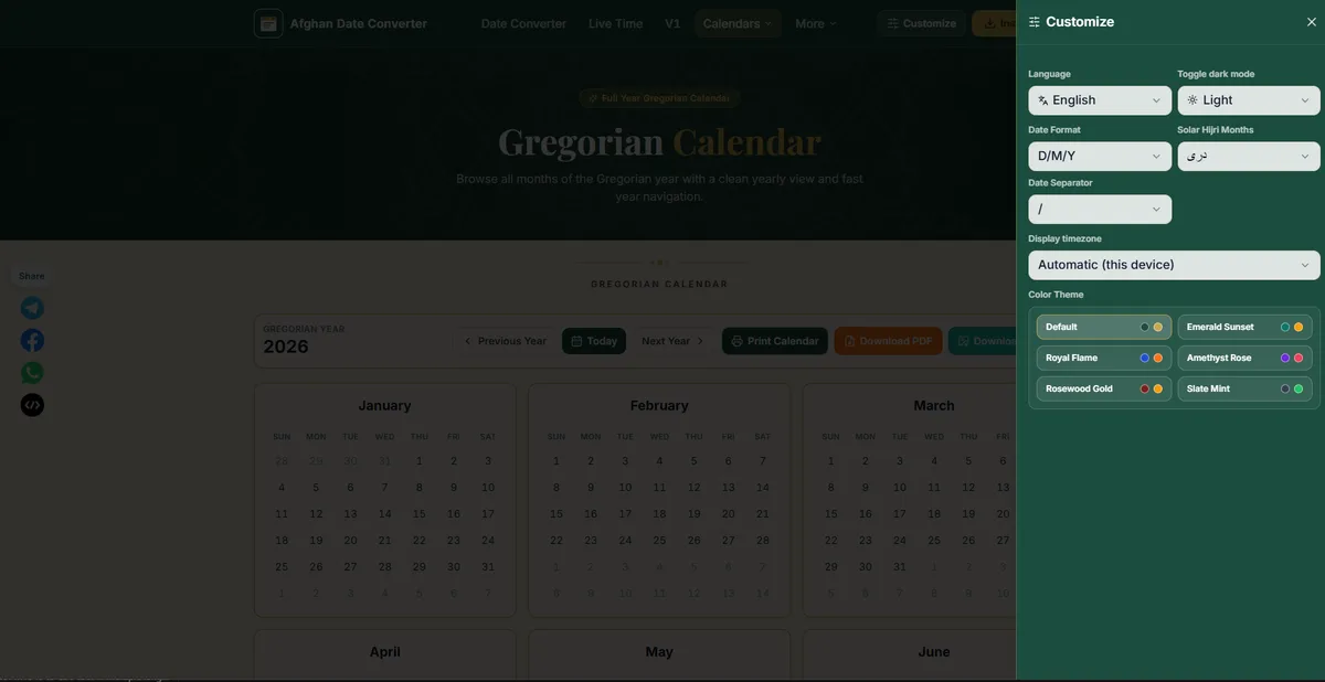 Afghan Date Converter customization options for calendar display