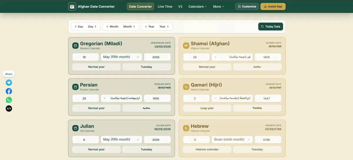 Shamsi to Gregorian date conversion example on Afghan Date Converter