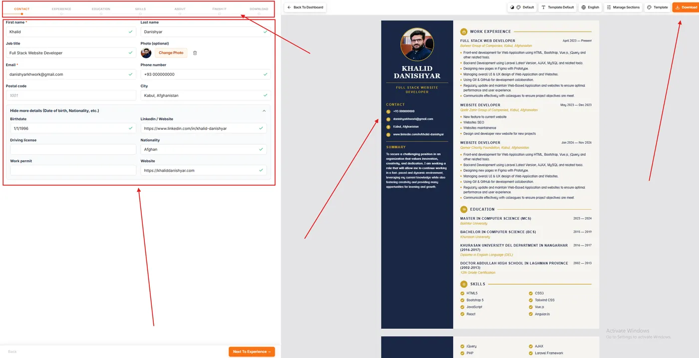 AsliCV resume builder with Contact form on the left and live dark sidebar preview on the right