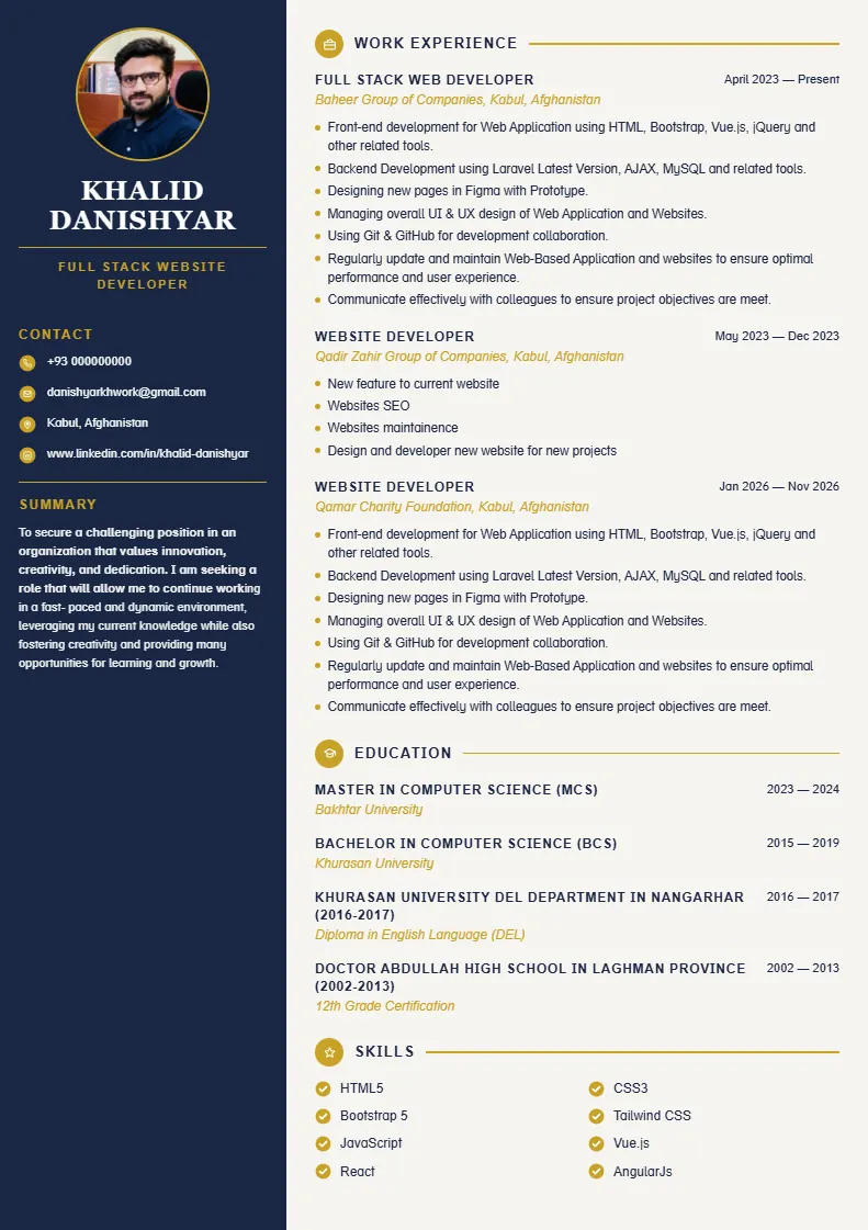 Finished AsliCV dark sidebar resume PDF preview for Khalid Danishyar