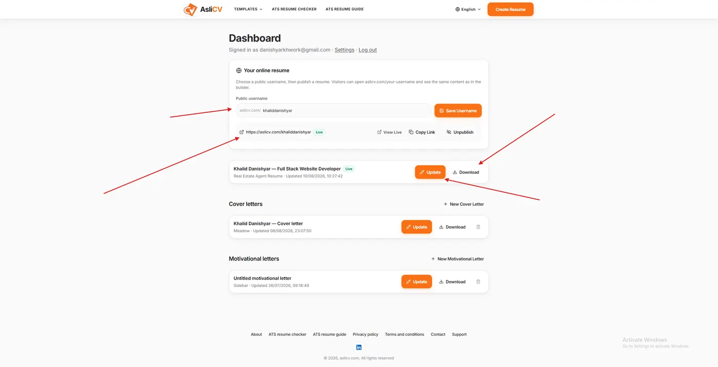 AsliCV dashboard showing live public resume link, resume download, cover letter, and motivational letter