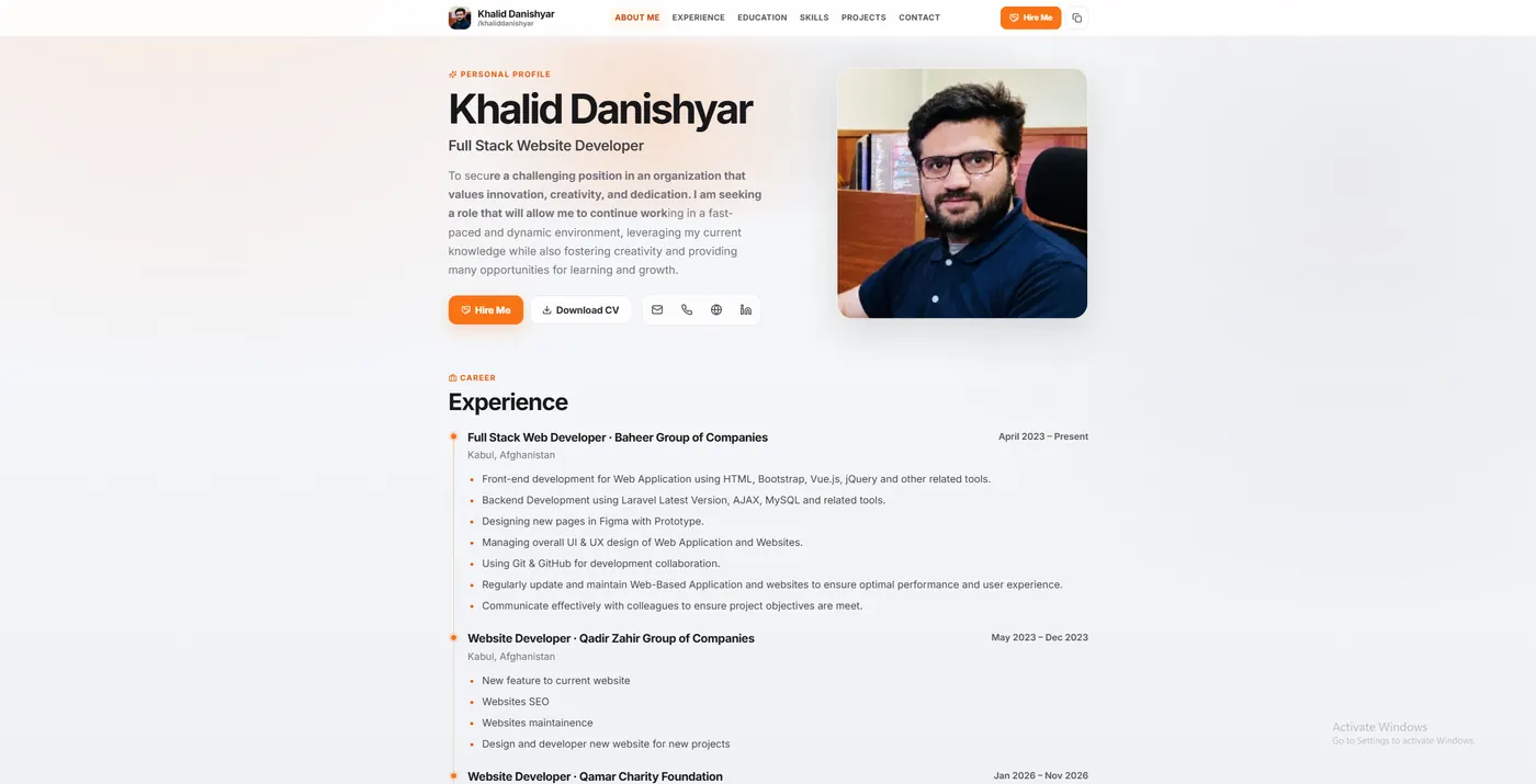 Published AsliCV public resume page for Khalid Danishyar with Hire Me and Download CV buttons