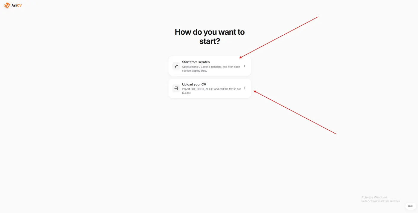 AsliCV start screen with Start from scratch and Upload your CV options