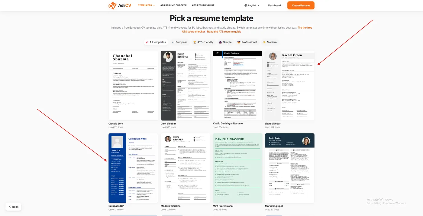 AsliCV template gallery with Europass, Dark Sidebar, Light Sidebar, and ATS-friendly filters