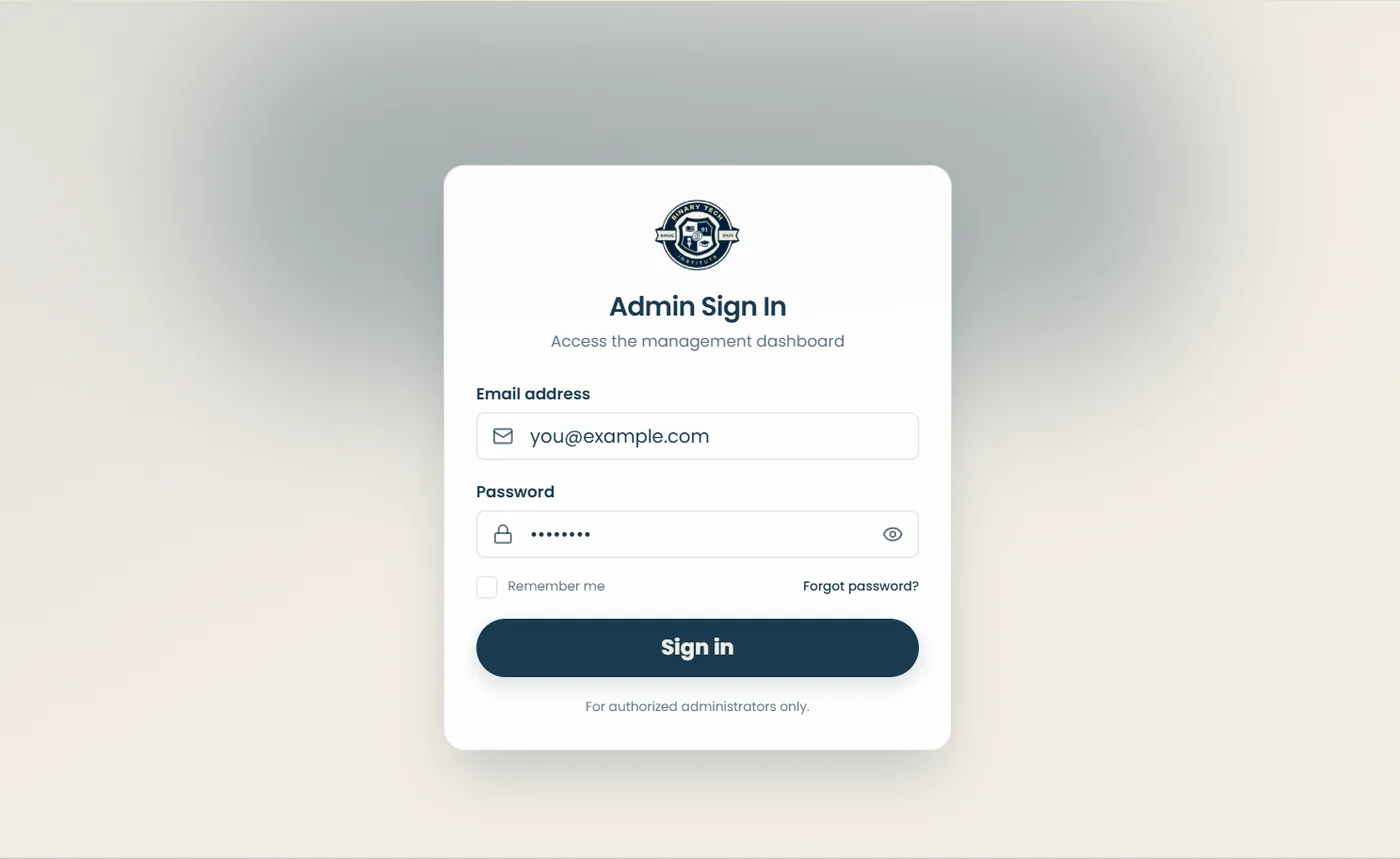 Branded Binary Tech Institute admin sign-in screen for the management dashboard