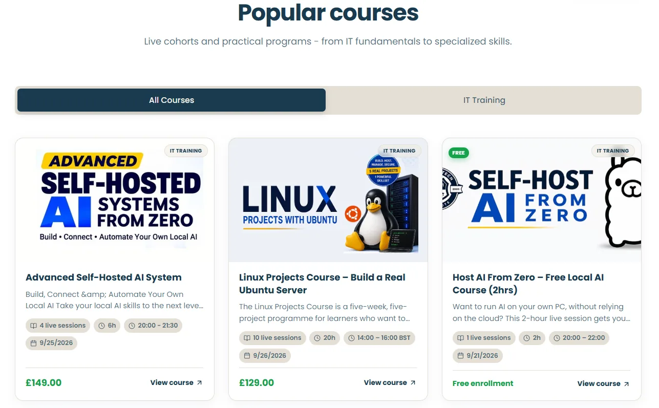 Binary Tech Institute popular courses catalog with pricing and live session details