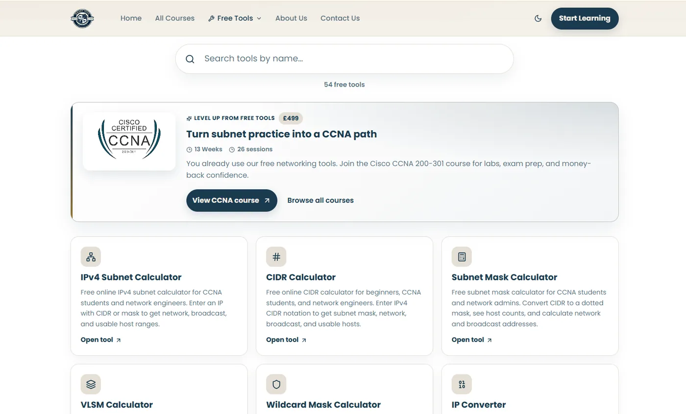 Binary Tech Institute free tools hub with 54 networking calculators and a CCNA course prompt