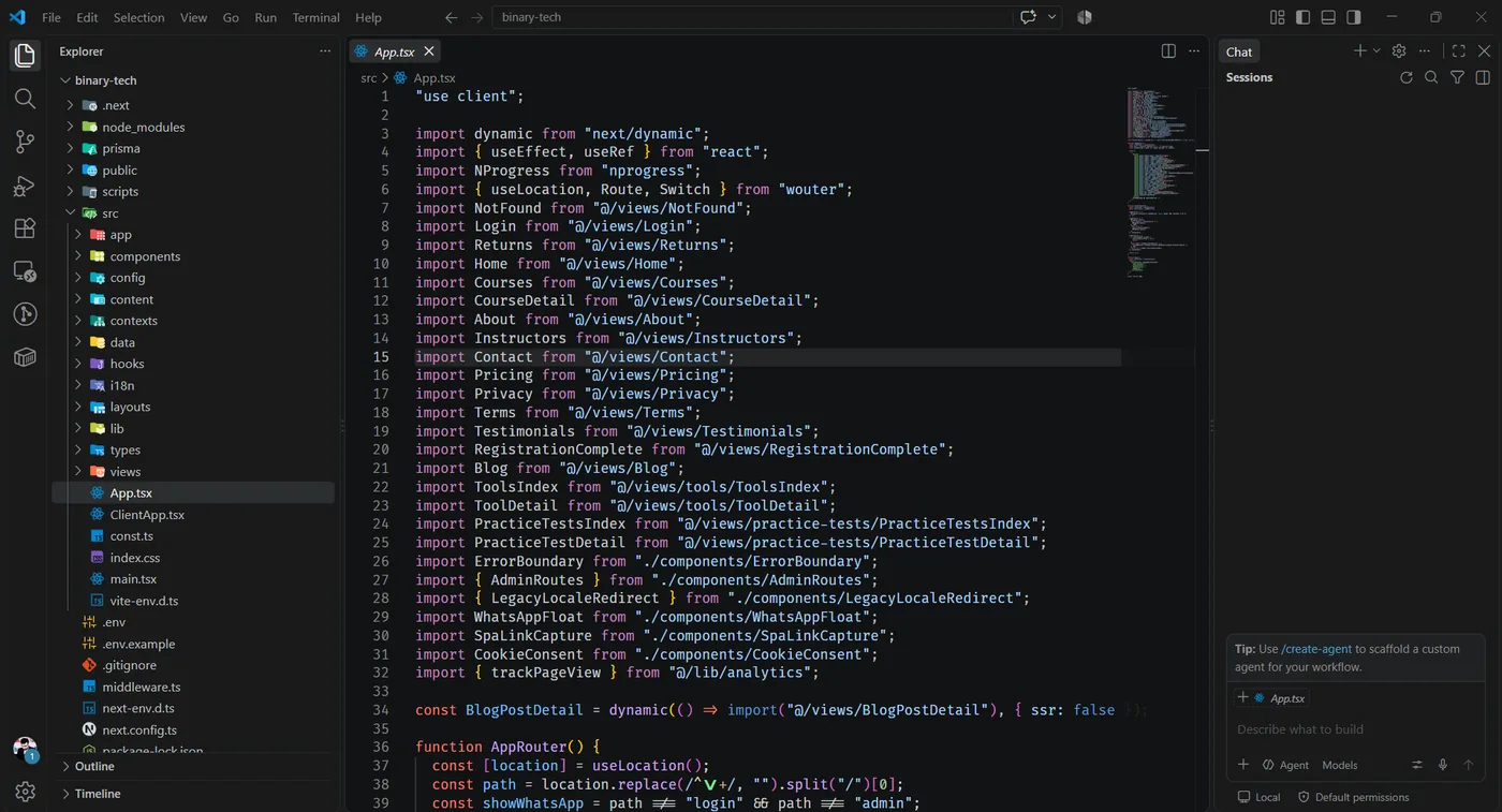 Next.js codebase for Binary Tech Institute showing App.tsx routes and views