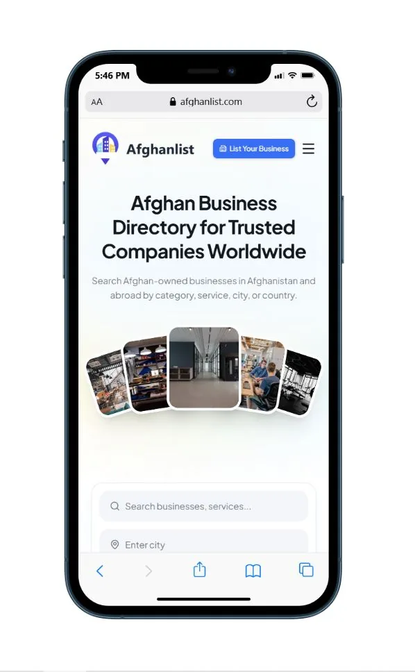 Afghanlist mobile view with responsive navigation, search, and business cards