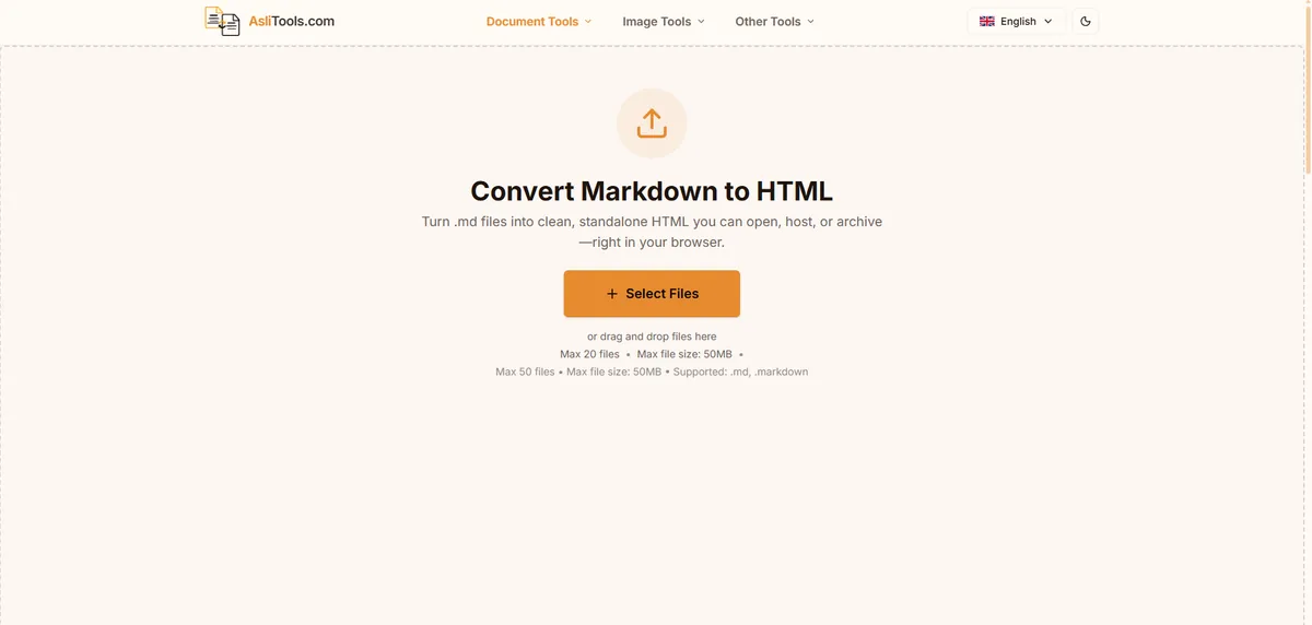 Asli Tools Markdown to HTML converter running entirely in the browser