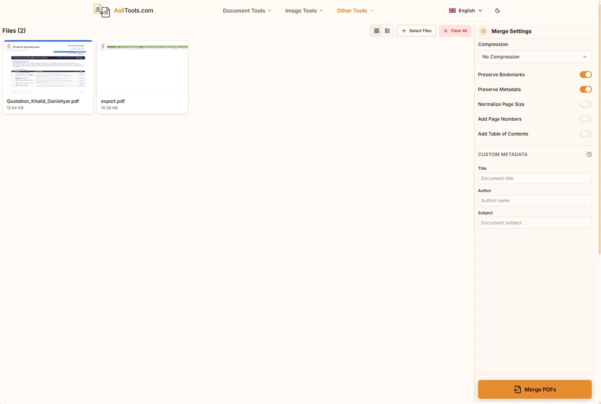 Asli Tools PDF merger interface processing files entirely in the browser
