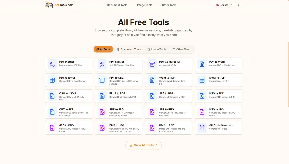 Asli Tools homepage showing the full library of free online tools organized by category