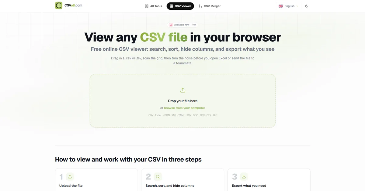 CSV Viewer on CSVAll.com showing spreadsheet data in the browser