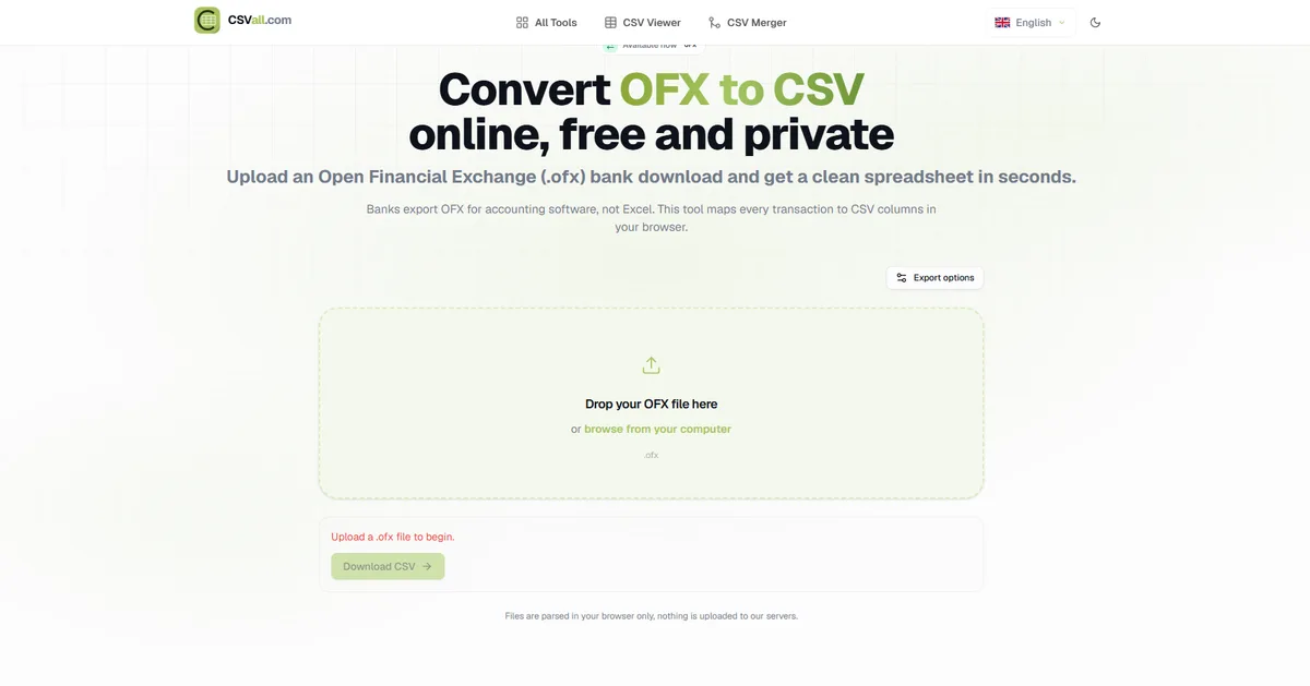OFX to CSV converter interface on CSVAll.com