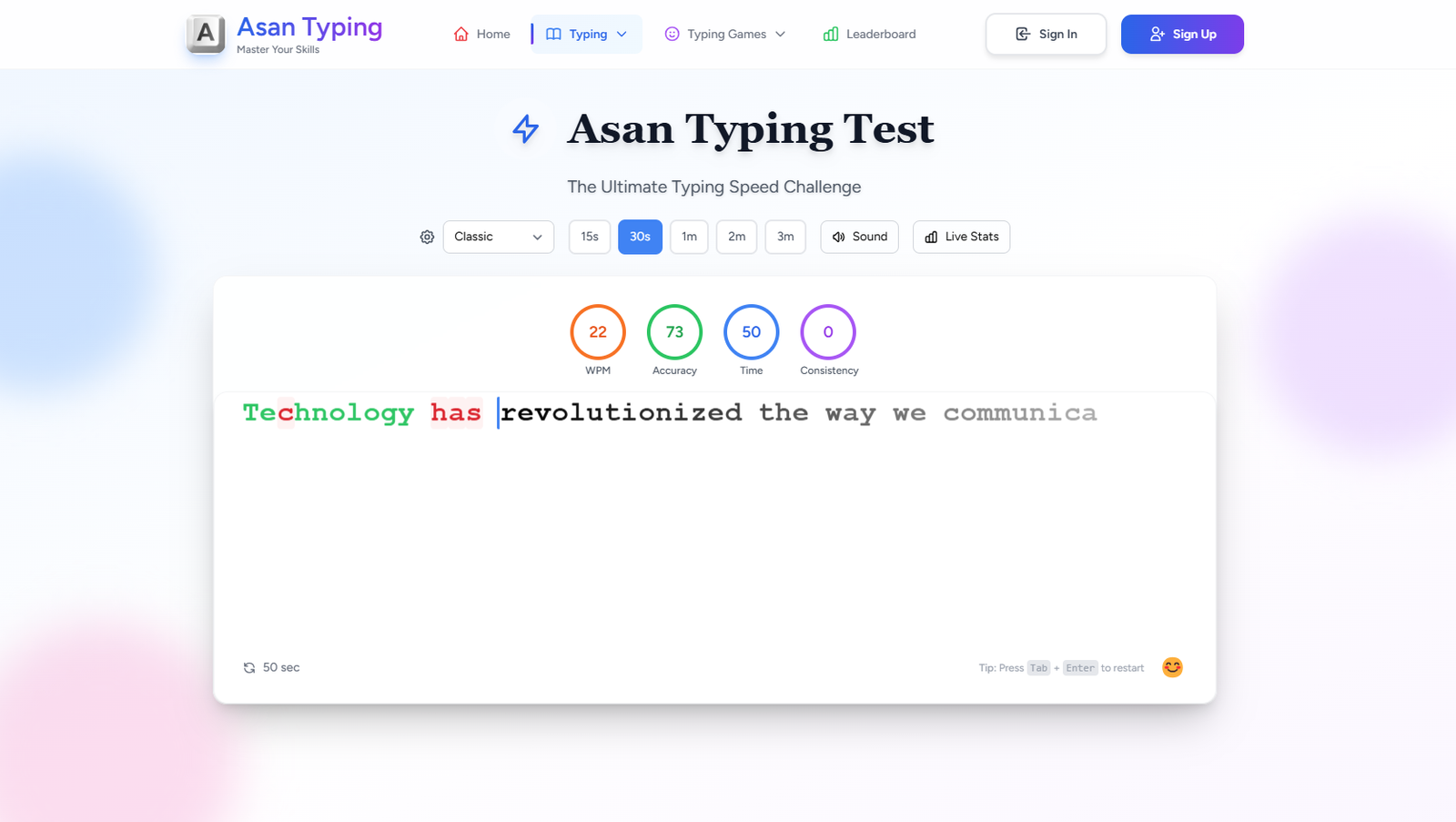 Online typing test screenshot showing WPM and accuracy in real time