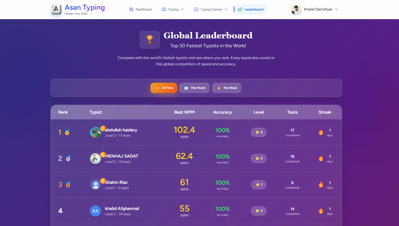 Typing leaderboard and community challenge screenshot from Asan Typing