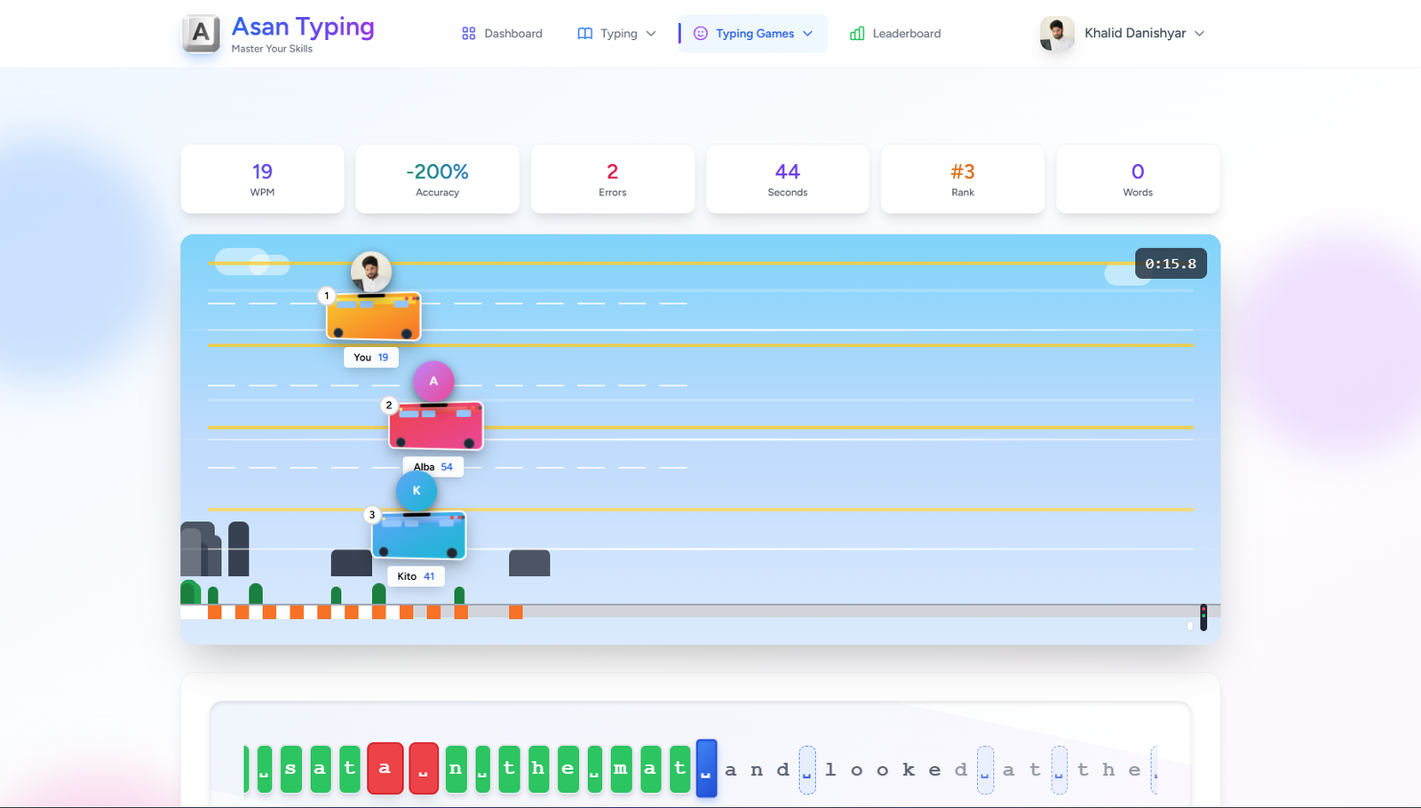 Typing Race game screenshot with real-time multiplayer rankings