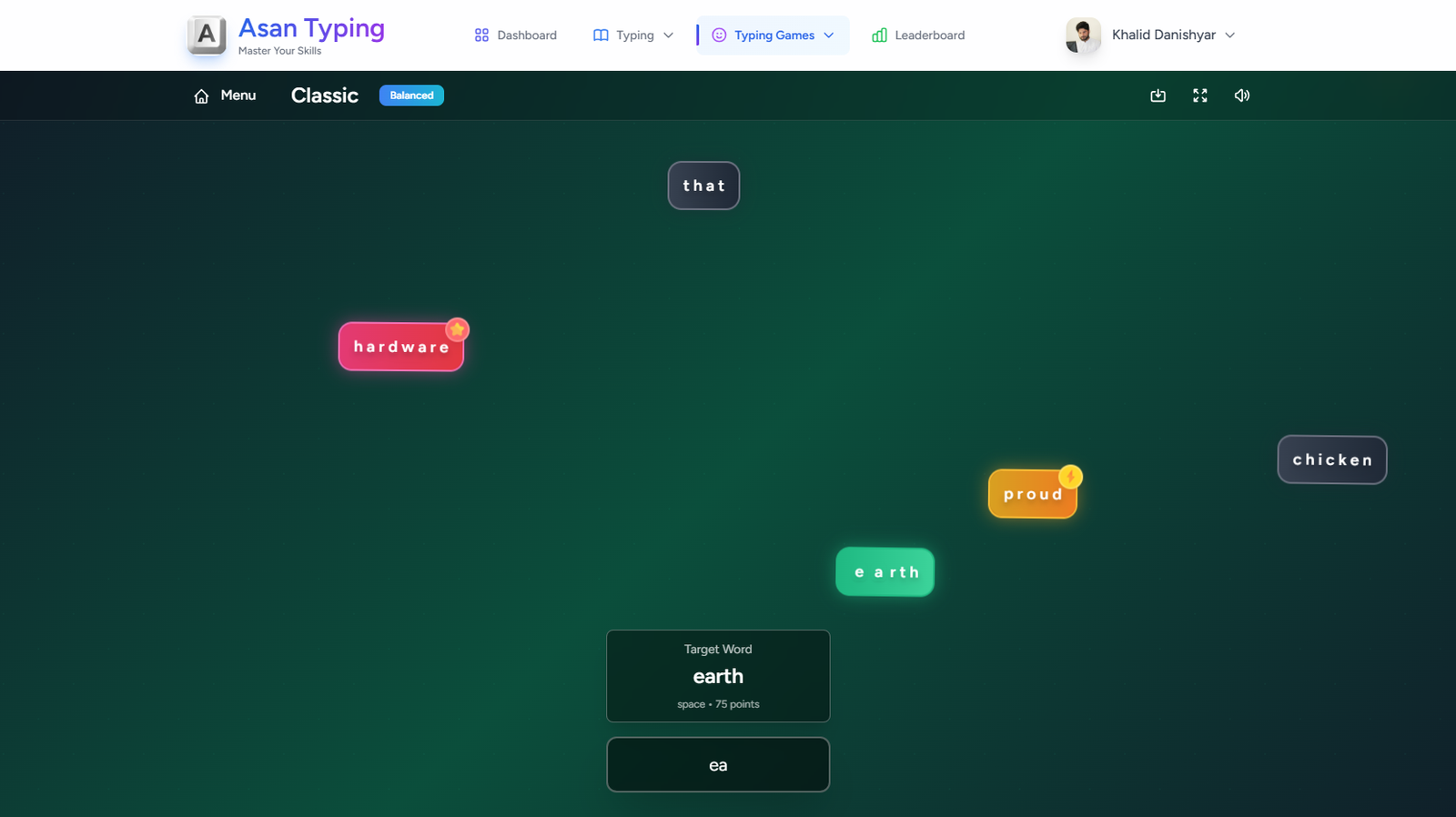 Words Fall typing game gameplay with falling words and score combo